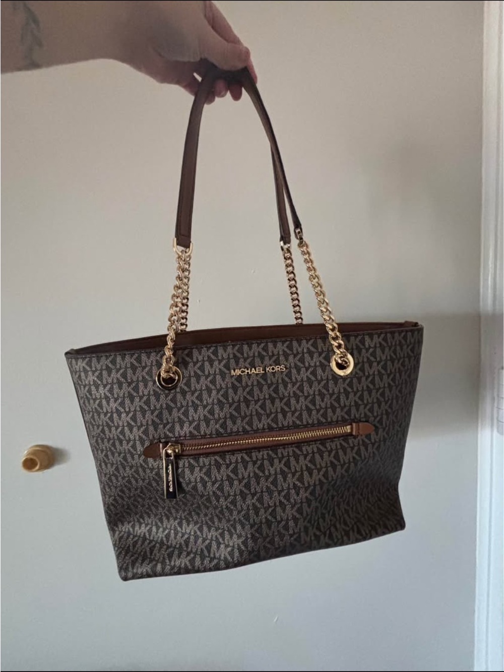 Michael Kors Brown MK Logo Tote with Gold Chain Handles - Picture 5 of 5